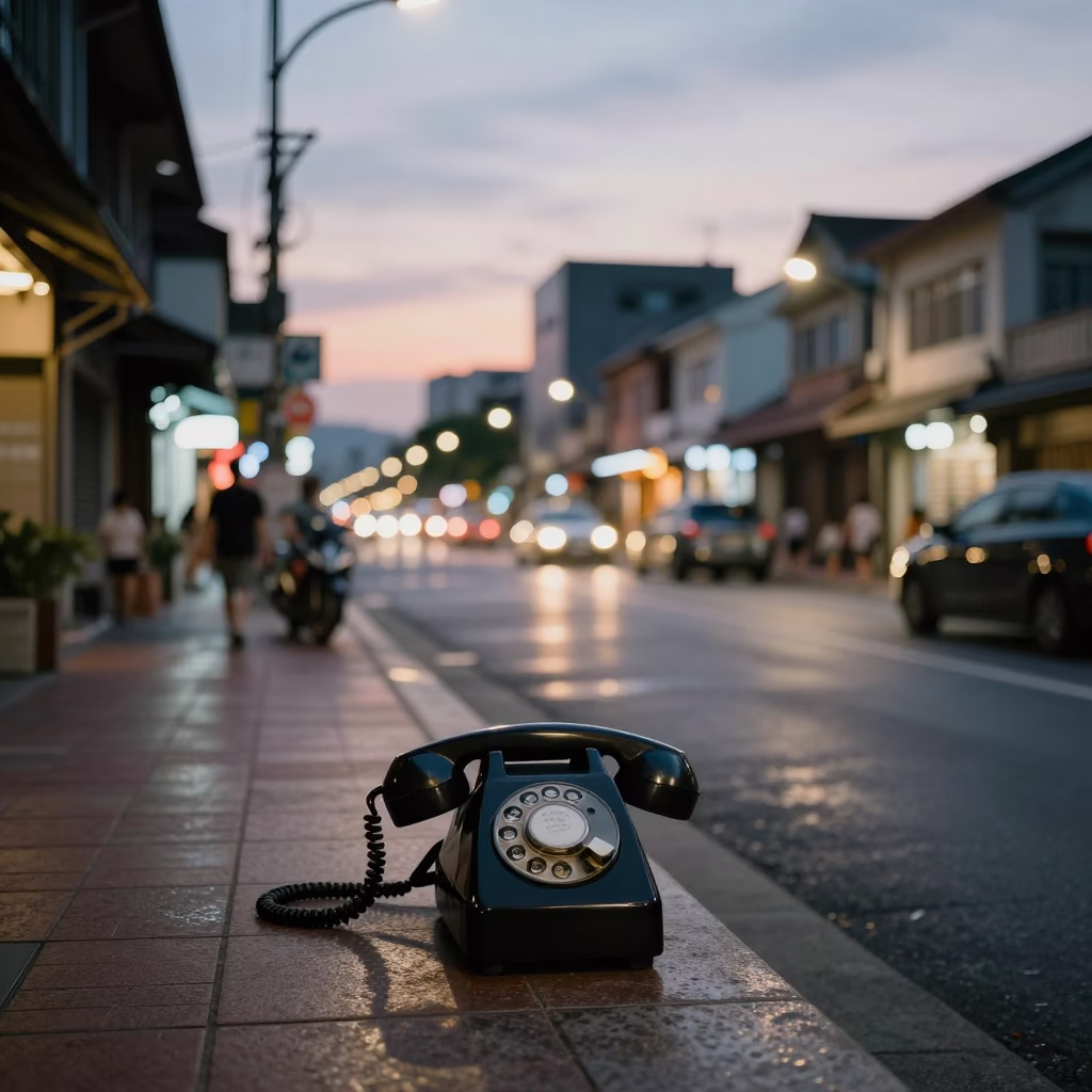 Tainan Street Scene at Dusk with Vintage Bakelite Telephone and Local Market Activity in in Tainan, Taiwan