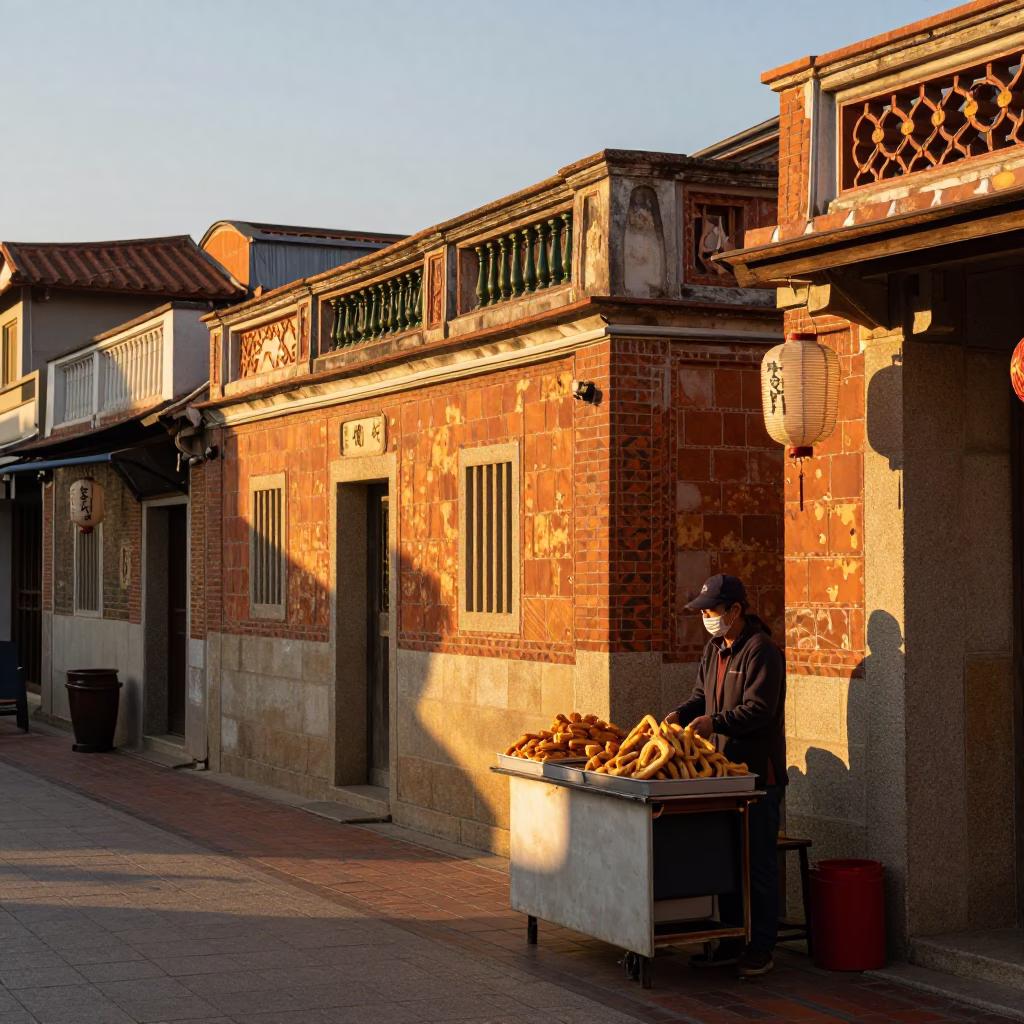 Tainan Street Scene at Golden Hour with Traditional Paper Lanterns and Urban Architecture in in Tainan, Taiwan