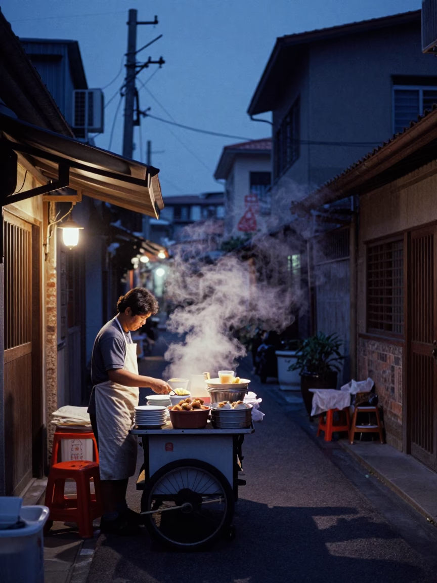 Tainan Street Scene at Nautical Dawn with Local Vendor and Morning Light in in Tainan, Taiwan