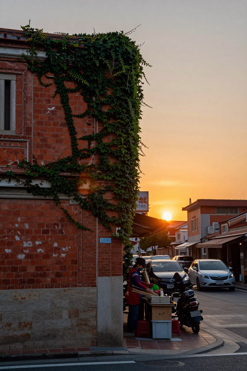 Tainan Street Scene at Sunset with Ivy Brick Wall and Local Vendor in in Tainan, Taiwan