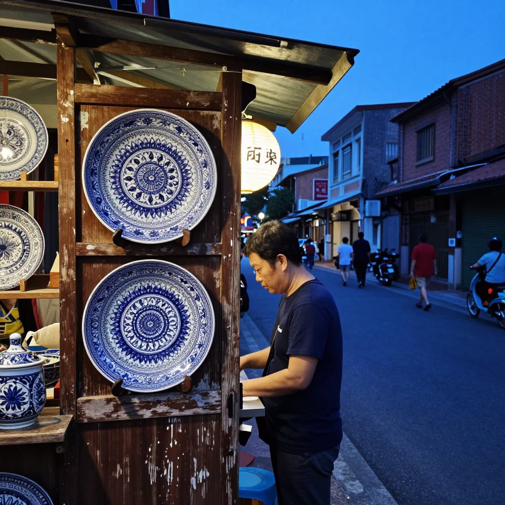 Tainan Street Scene at The Last Blue Light Of Evening in in Tainan, Taiwan