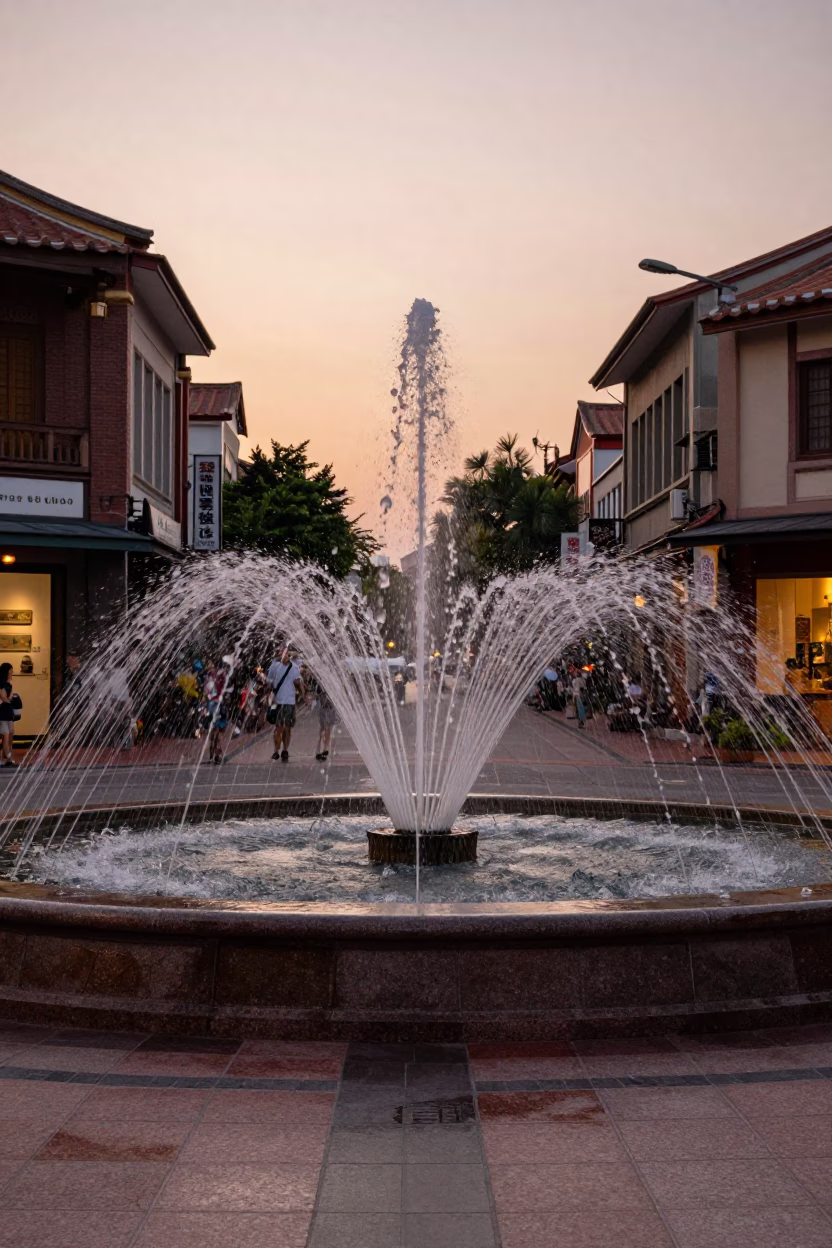 Tainan Street Scene Before Dusk with Fountain Spray and Oil Lamp Reflections in in Tainan, Taiwan