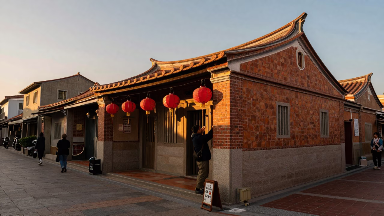 Tainan Street Scene Before Dusk with Lanterns and Local Diners in in Tainan, Taiwan