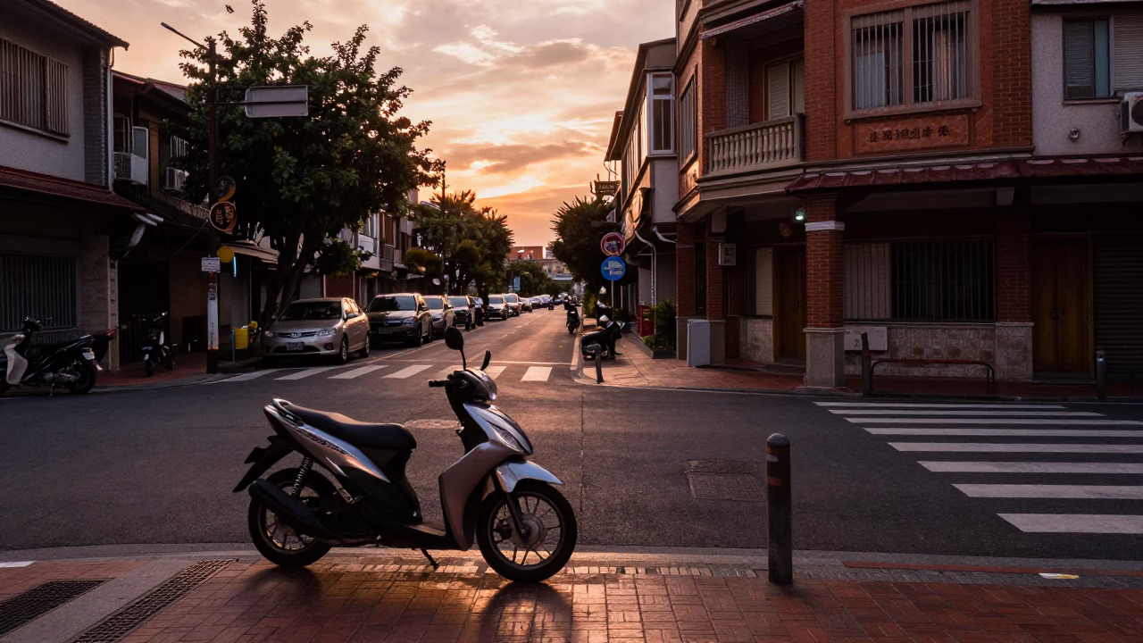 Tainan Street Scene Before Dusk with Sun Stripe and Motorcycle Near Night Market Stall in in Tainan, Taiwan