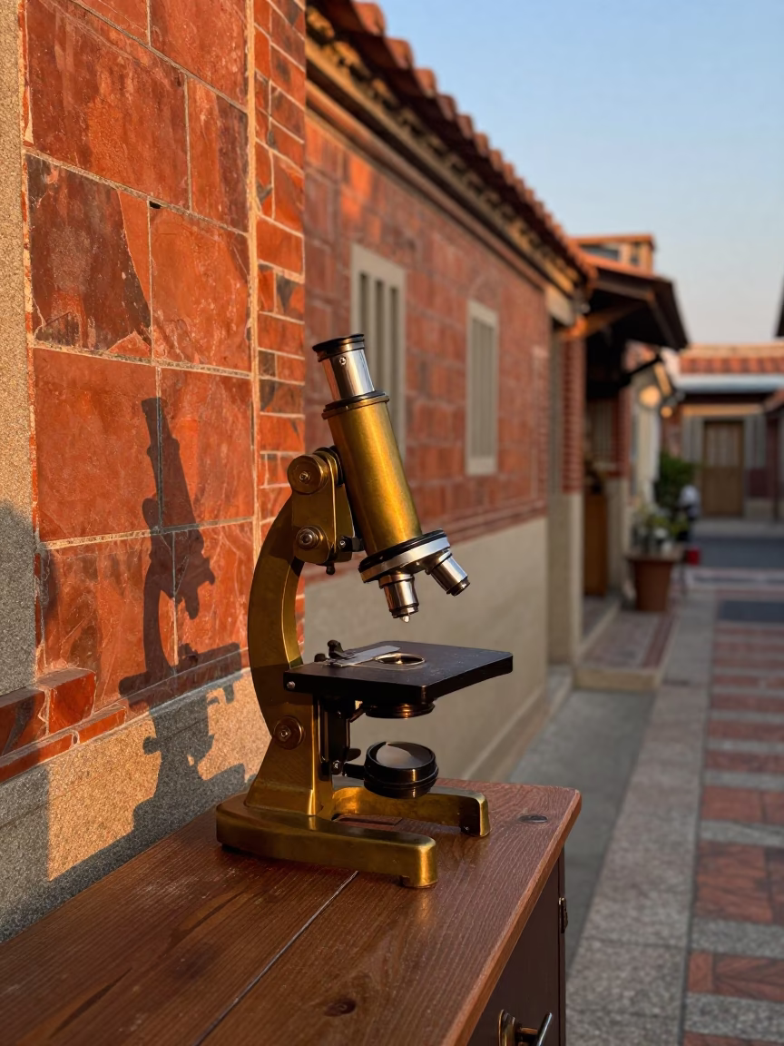 Tainan Street Scene Before Dusk with Vintage Brass Microscope and Tea Stains in in Tainan, Taiwan
