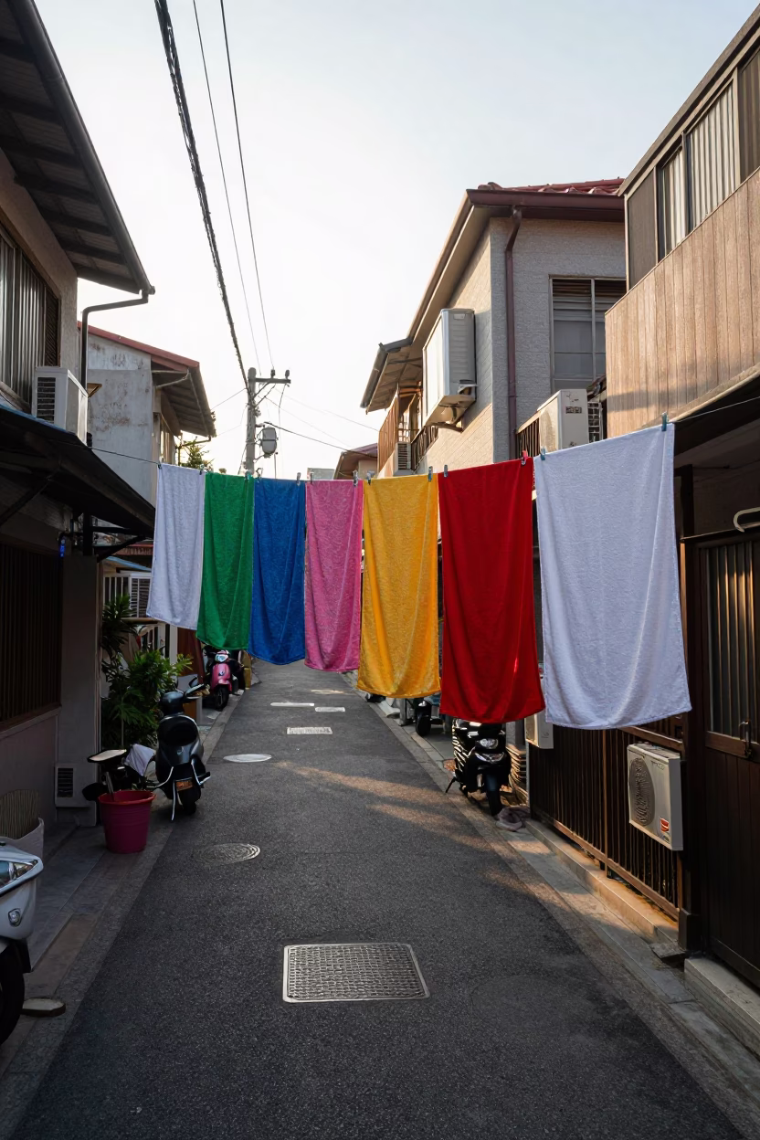 Tainan Street Scene Early Afternoon with Drying Towels and Bicycle in in Tainan, Taiwan