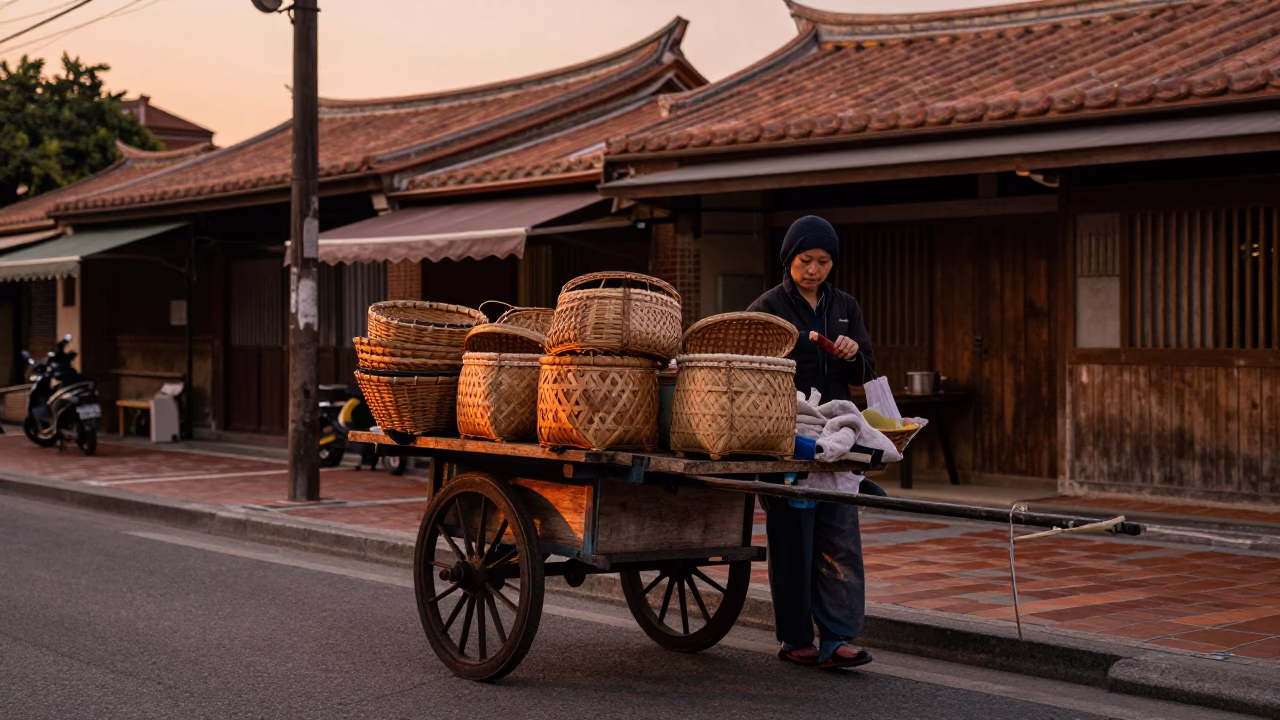 Tainan Street Scene in Copper Dusk with Local Vendor and Wooden Cart in in Tainan, Taiwan