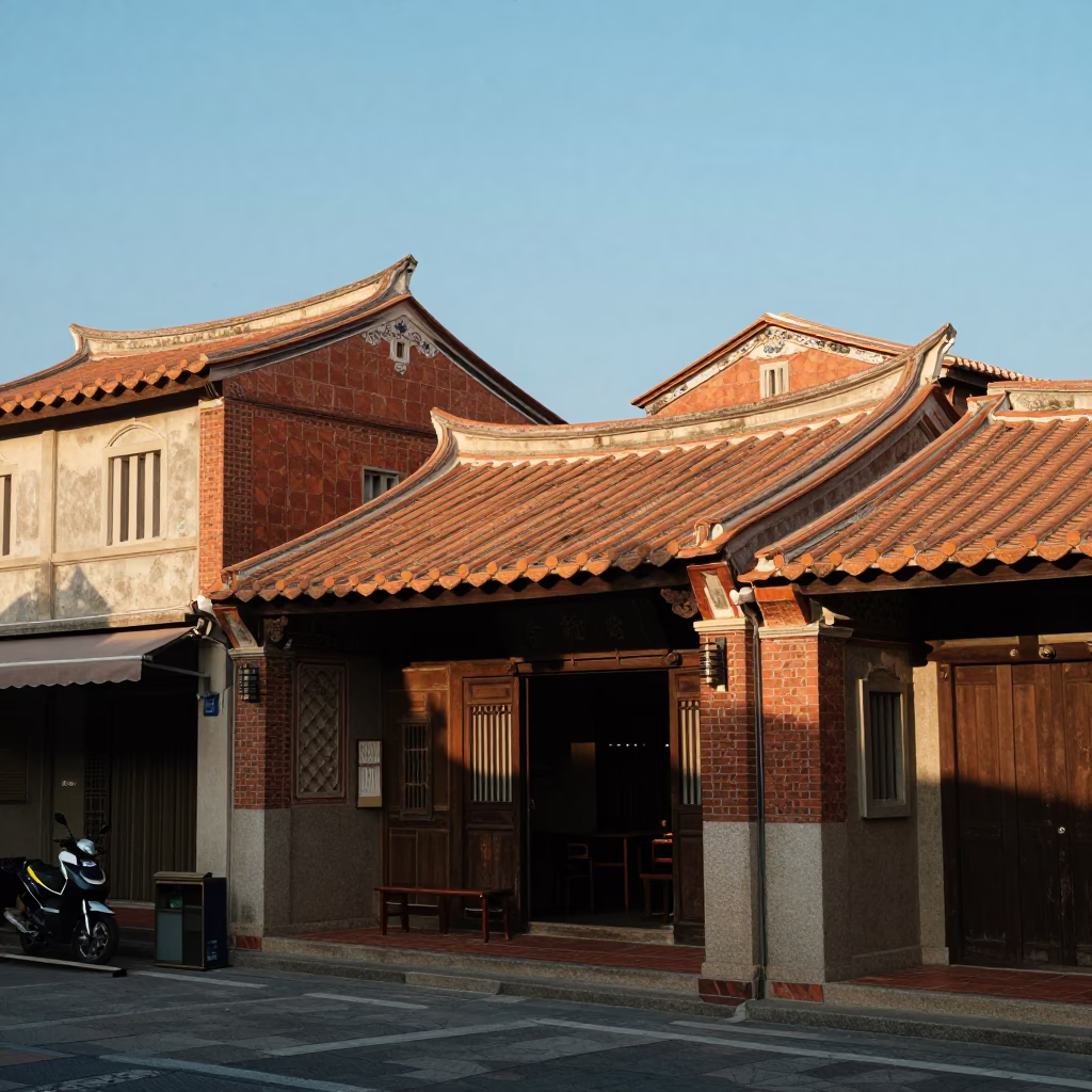 Tainan Street Scene Late Afternoon Light with Traditional Shopfront and Local Commerce in in Tainan, Taiwan