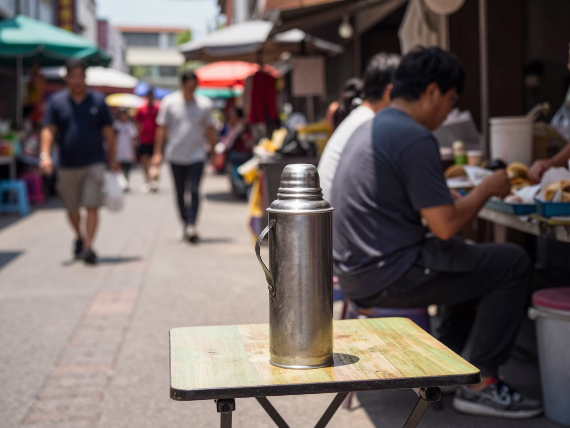Tainan Street Scene Midday with Thermos and Local Market Activity in Taiwan in in Tainan, Taiwan