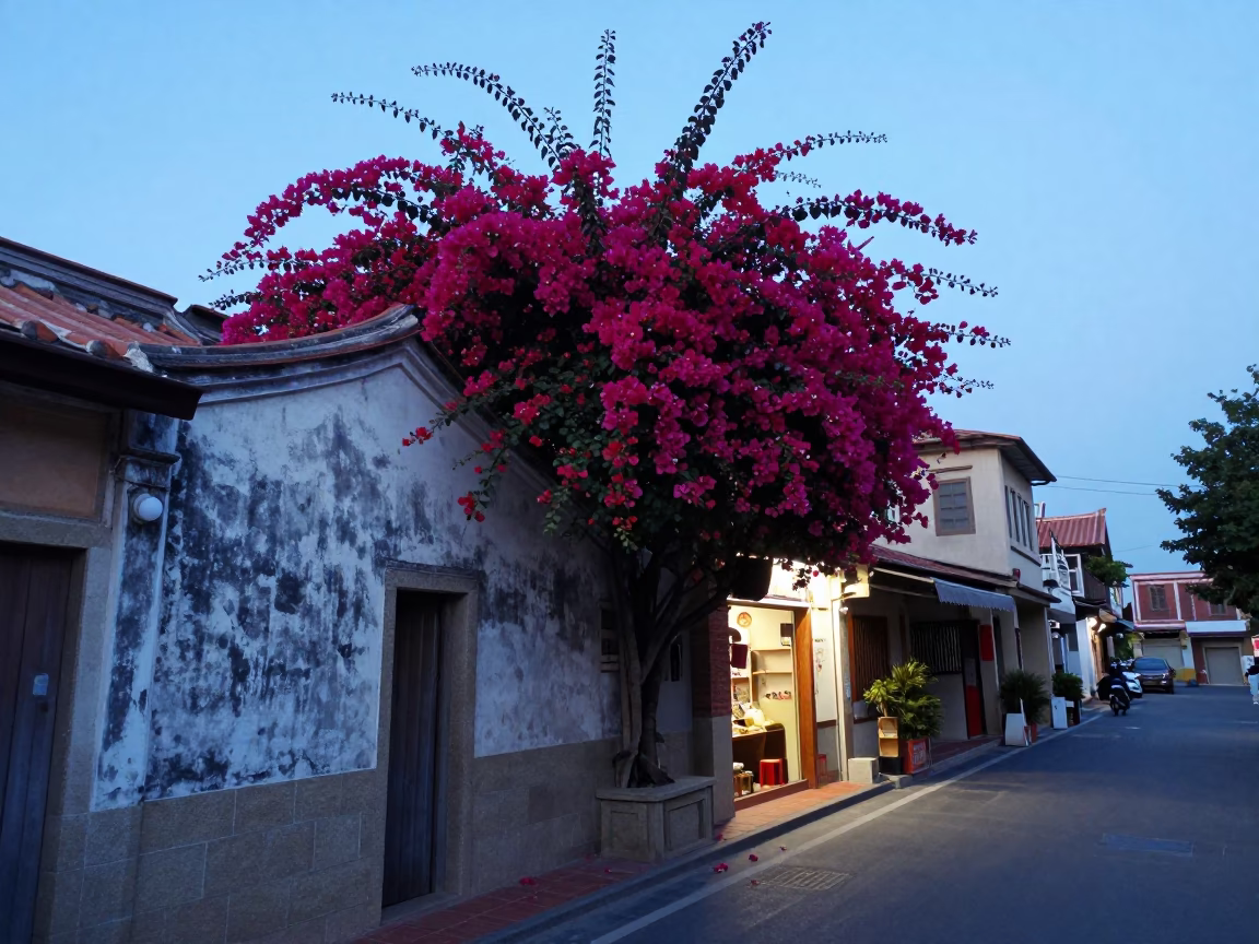 Tainan street scene with bougainvillea and traditional shopfronts in evening blue light in in Tainan, Taiwan