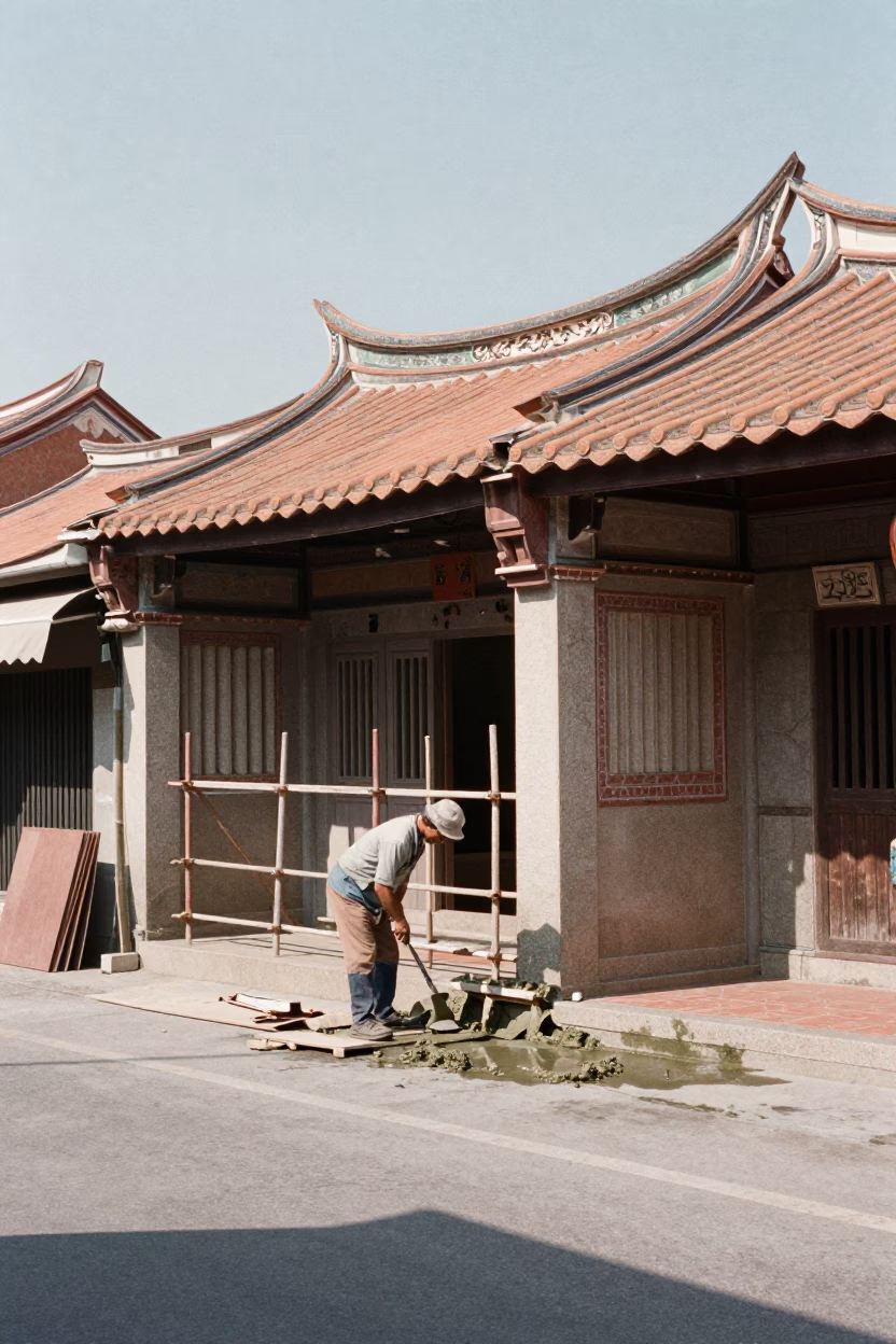 Tainan Street Scene with Construction Worker and Traditional Signage under Noon Sun in in Tainan, Taiwan