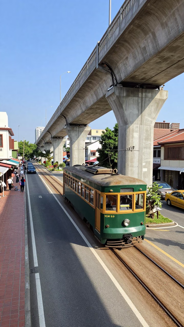 Tainan street scene with heritage tram and concrete viaduct in bright midmorning light in in Tainan, Taiwan