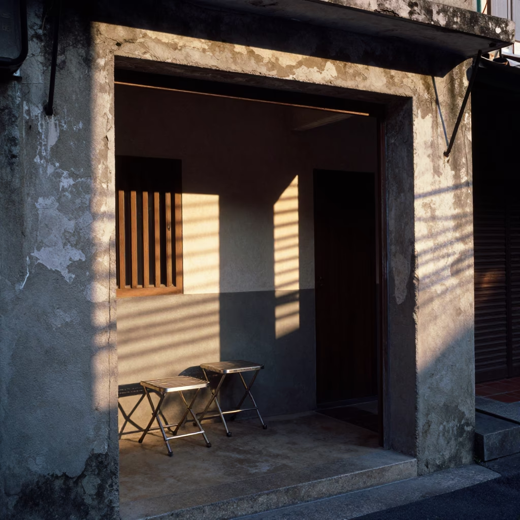 Tainan street scene with sun stripes and folding stools in early evening in in Tainan, Taiwan