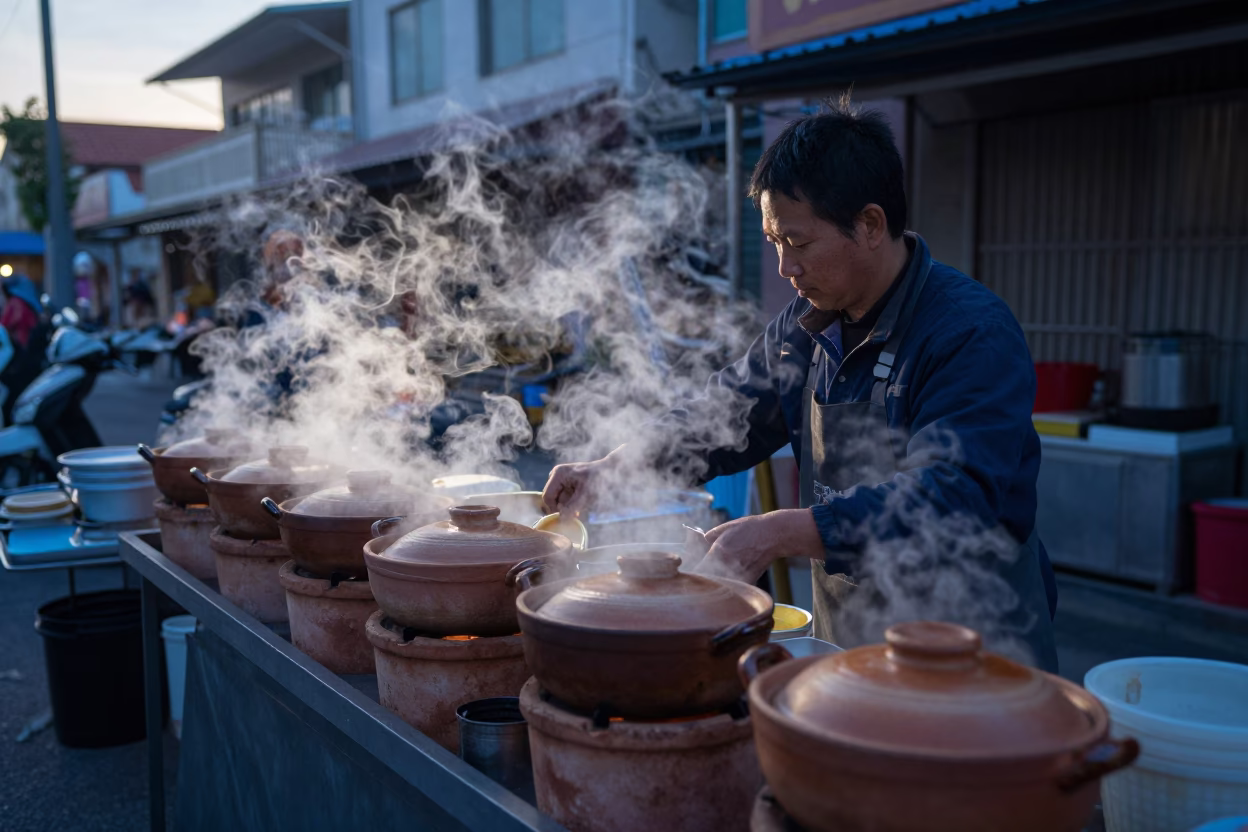 Tainan street vendor breakfast stall pre-dawn service with clay pots and steam in in Tainan, Taiwan