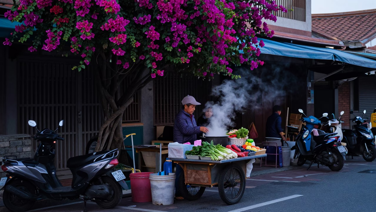 Tainan Street Vendor Morning Activity with Bougainvillea and Metal Bucket at Nautical Dawn in in Tainan, Taiwan