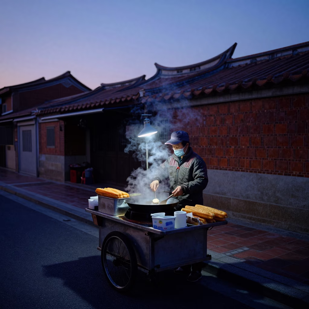 Tainan street vendor preparing breakfast before dawn in historic Taiwan in in Tainan, Taiwan