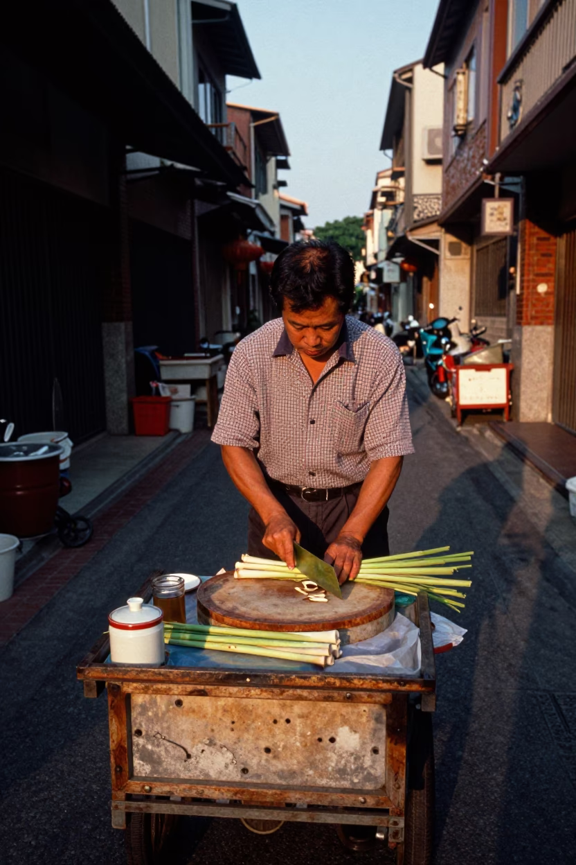Tainan street vendor preparing lemongrass and tea in early evening light in in Tainan, Taiwan