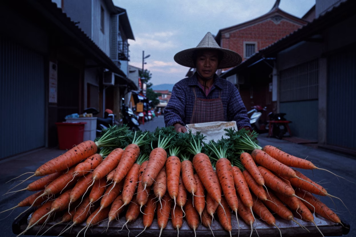 Tainan Street Vendor Selling Fresh Carrots in Indigo Twilight After Sunset in in Tainan, Taiwan