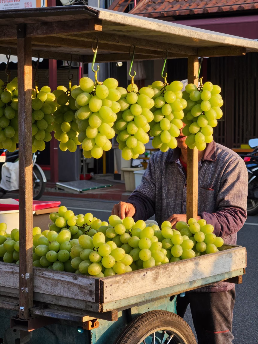 Tainan Street Vendor Selling Fresh Grapes at Golden Hour Before Sunset in in Tainan, Taiwan