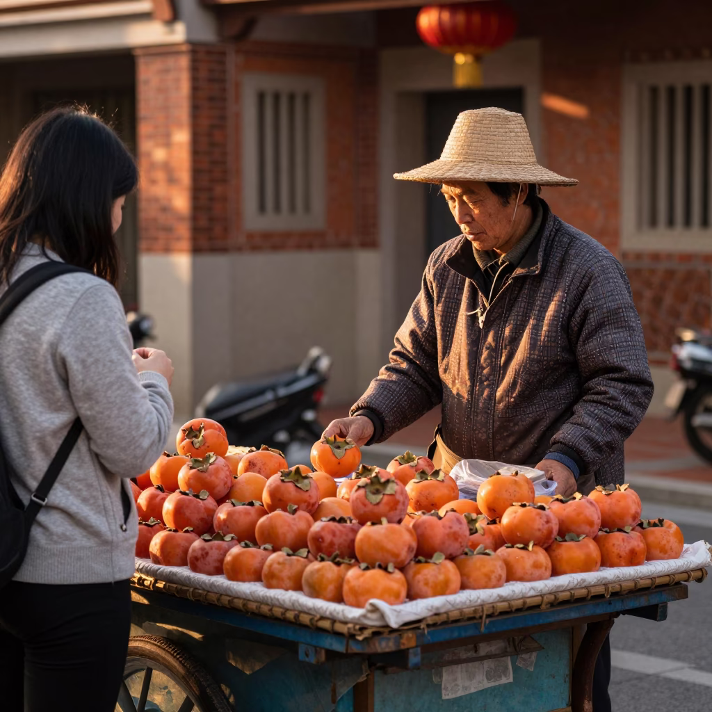 Tainan street vendor selling fresh persimmons in copper-toned dusk light in in Tainan, Taiwan