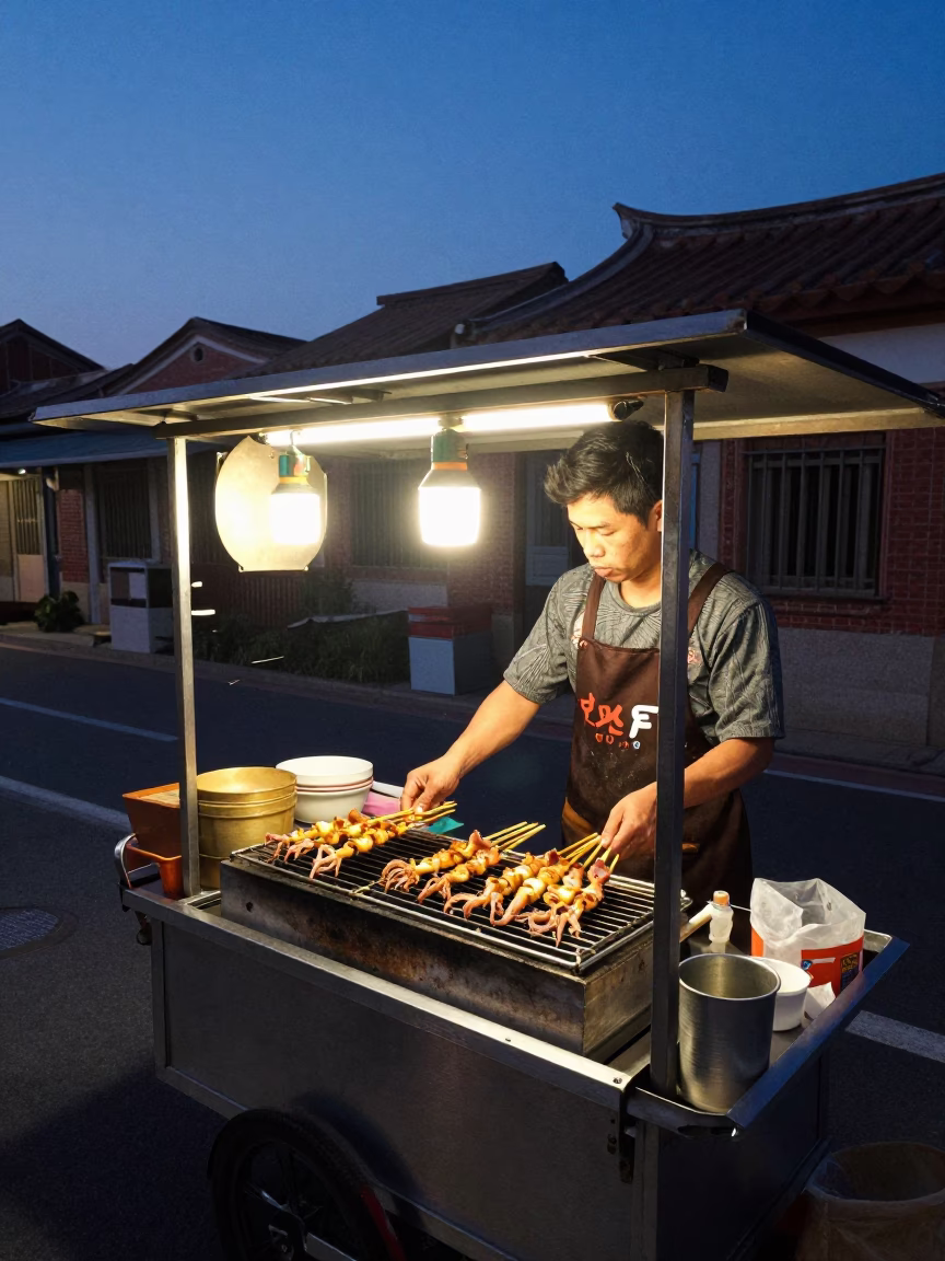 Tainan street vendor selling grilled squid under indigo twilight with hanging lights in in Tainan, Taiwan