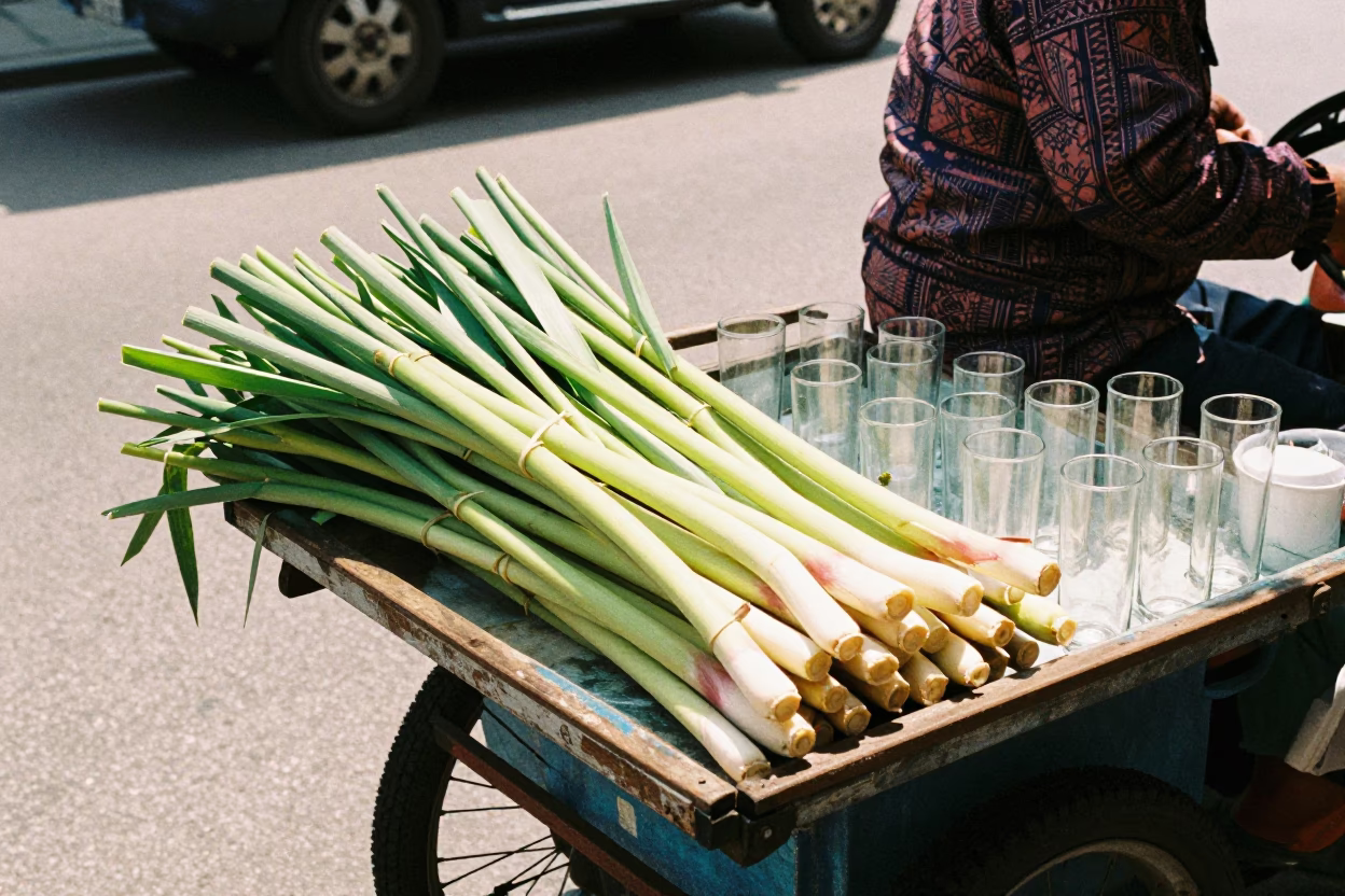 Tainan Street Vendor Selling Lemongrass and Glass Tumblers at Midday in in Tainan, Taiwan