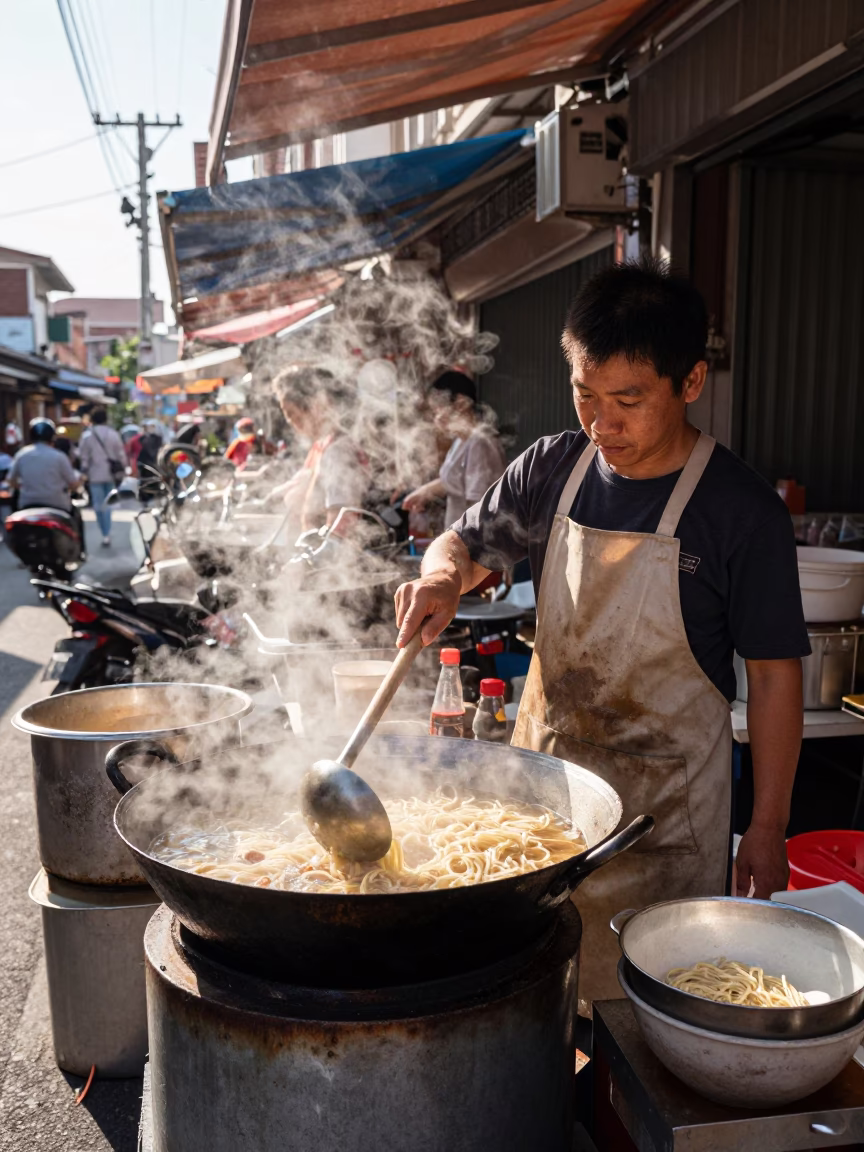 Tainan Street Vendor Selling Noodles Under Noon Sun with Kapok Tree in in Tainan, Taiwan