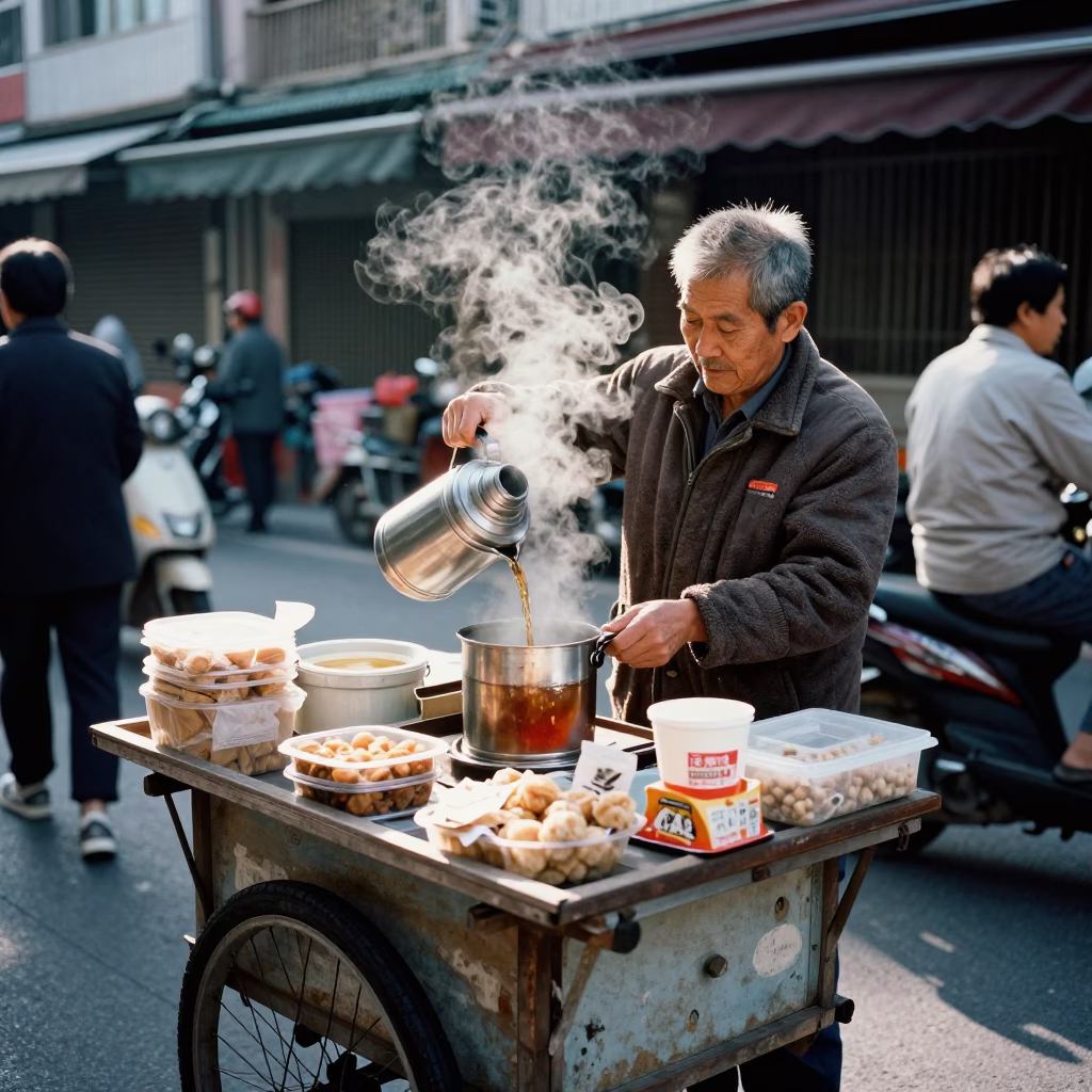 Tainan street vendor serving hot tea and snacks in early afternoon market in in Tainan, Taiwan
