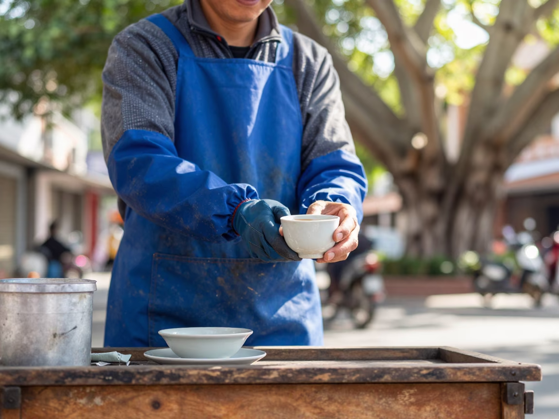 Tainan Street Vendor Serving Hot Tea with Ceramic Cup in Bright Midmorning Light in in Tainan, Taiwan
