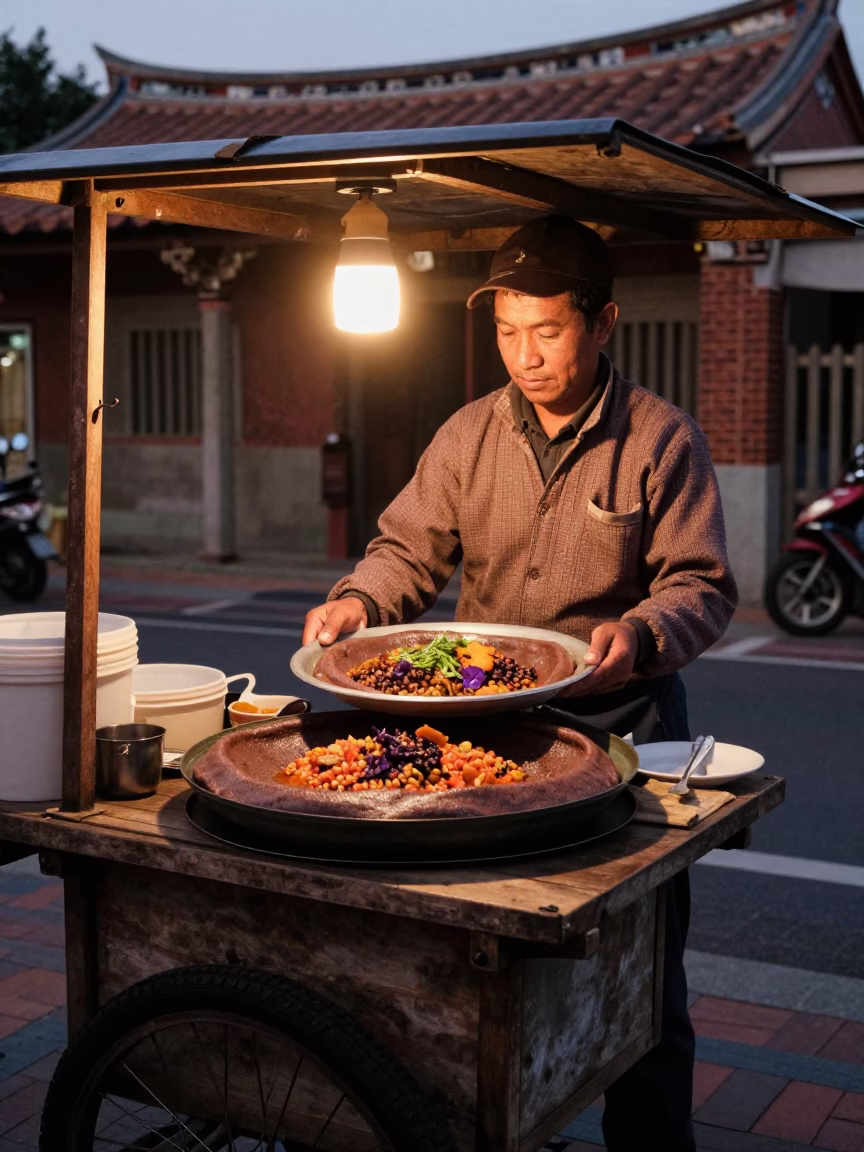 Tainan Street Vendor Serving Injera Stew in Copper Dusk Light in in Tainan, Taiwan
