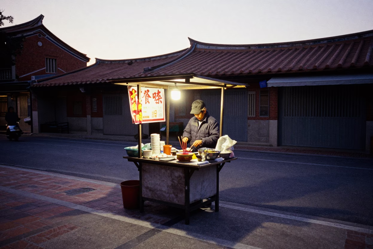 Tainan street vendor stall before dawn with incense holder and kitchen tools in in Tainan, Taiwan