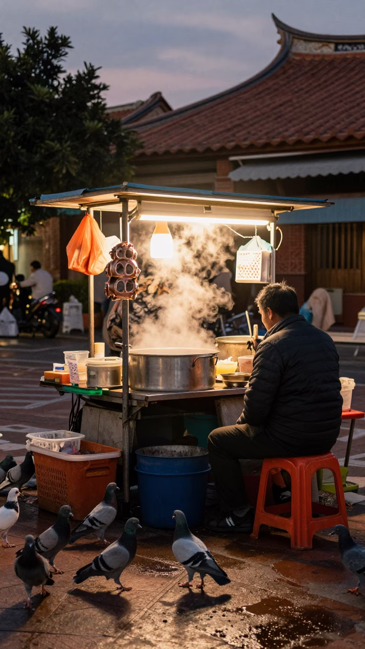 Tainan street vendor stall with pigeons and copper-toned dusk light in in Tainan, Taiwan