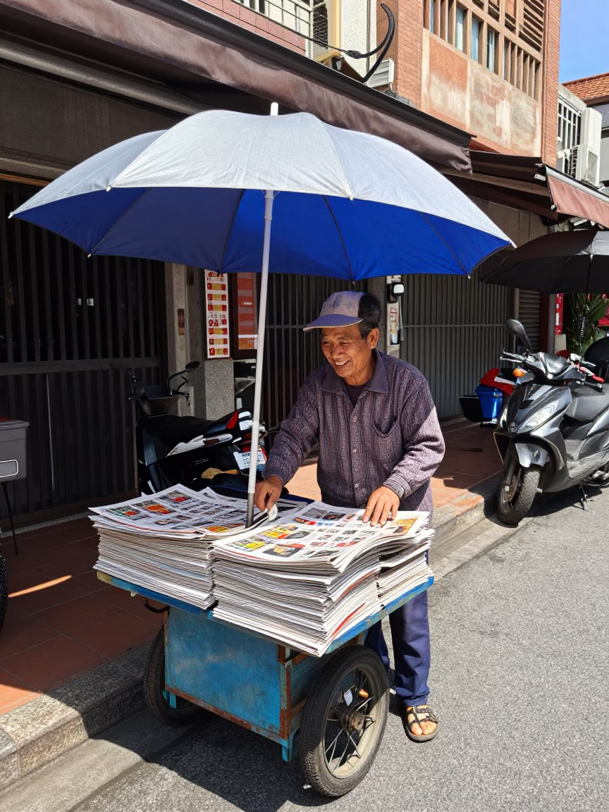Tainan Street Vendor with Umbrellas and Newspaper Stack Under Flat Noon Light in in Tainan, Taiwan