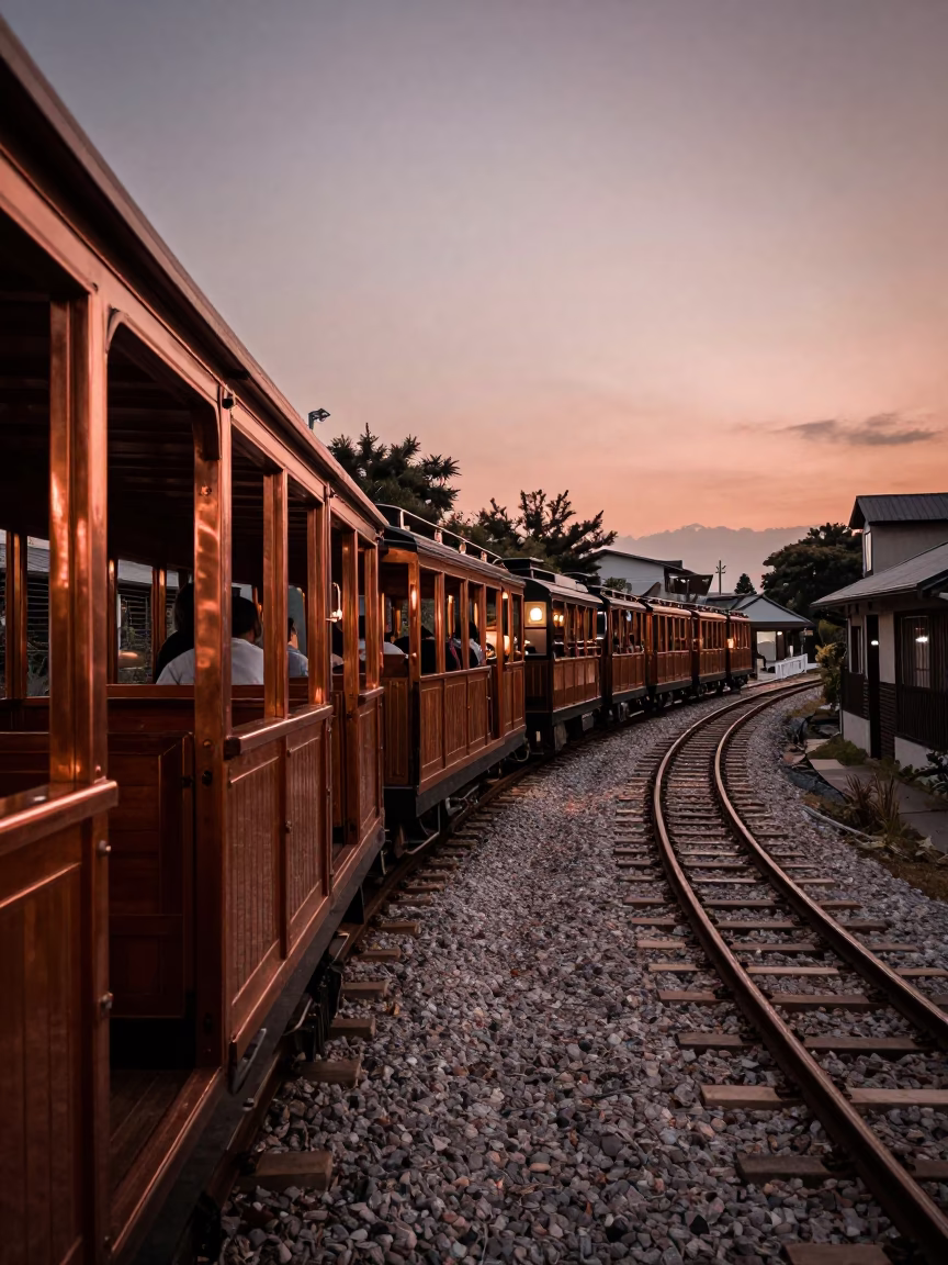 Tainan Taiwan Before Dusk Narrow Gauge Train Carriages Copper Light in in Tainan, Taiwan