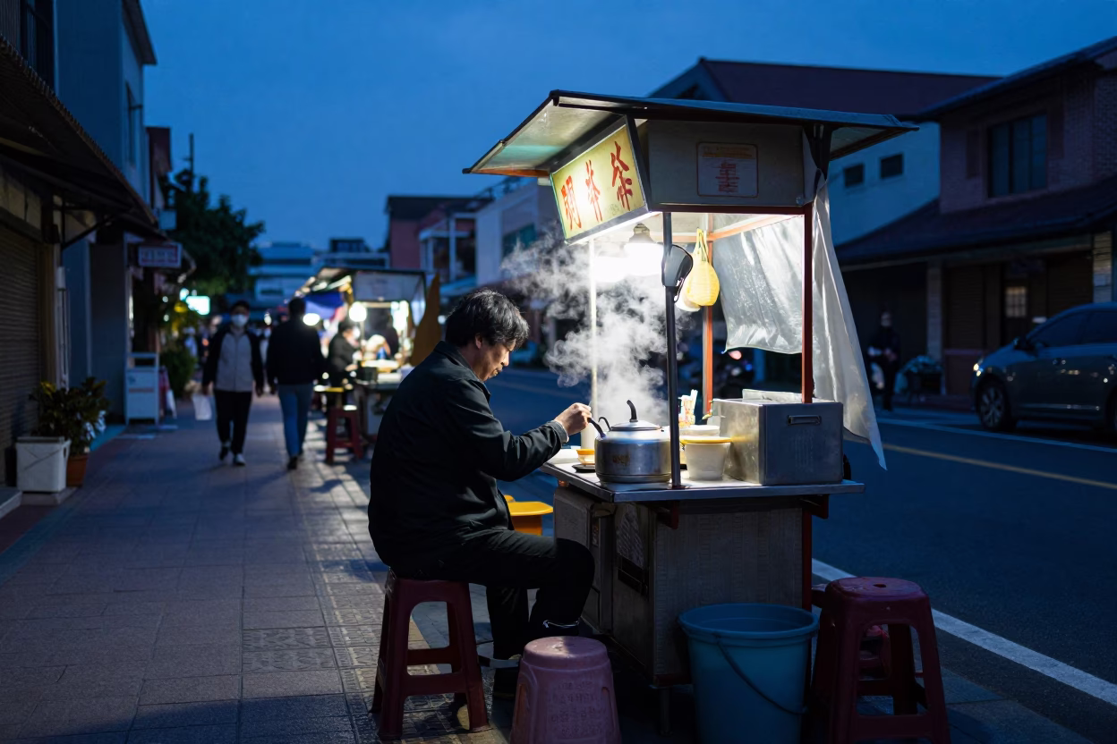 Tainan Taiwan Blue Hour Street Scene with Condensation and Urban Life in in Tainan, Taiwan