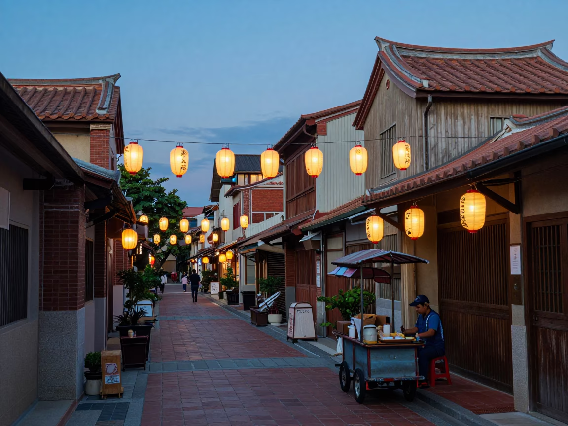 Tainan Taiwan Blue Hour Street Scene with Paper Lanterns and Local Life in in Tainan, Taiwan