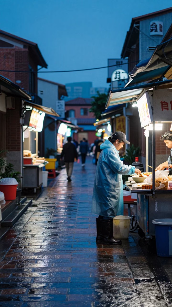 Tainan Taiwan Blue Hour Street Scene with Rain Boots and Chaat Bowl in in Tainan, Taiwan
