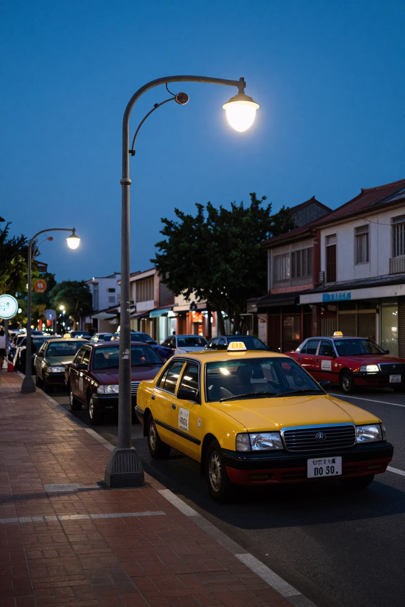 Tainan Taiwan Blue Hour Street Scene with Taxi Rank and Vintage Lamp Post in in Tainan, Taiwan