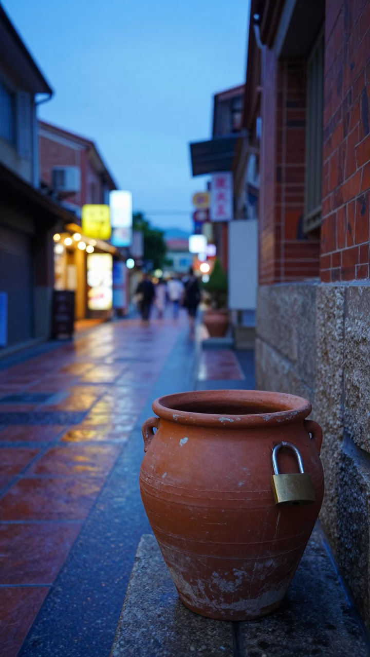 Tainan Taiwan Blue Hour Street Scene with Terracotta Pot and Padlock Detail in in Tainan, Taiwan