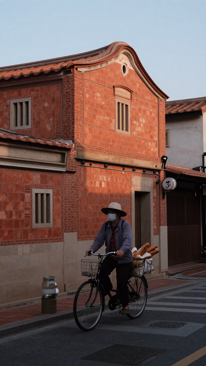 Tainan Taiwan Dawn Street Scene with Bicycle and Glass Jar in in Tainan, Taiwan
