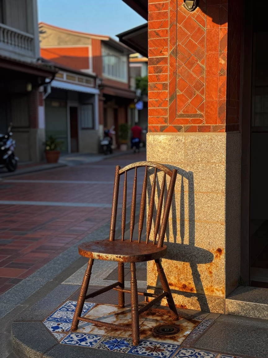 Tainan Taiwan Dawn Street Scene with Spindle Chair and Rusty Tile Details in in Tainan, Taiwan