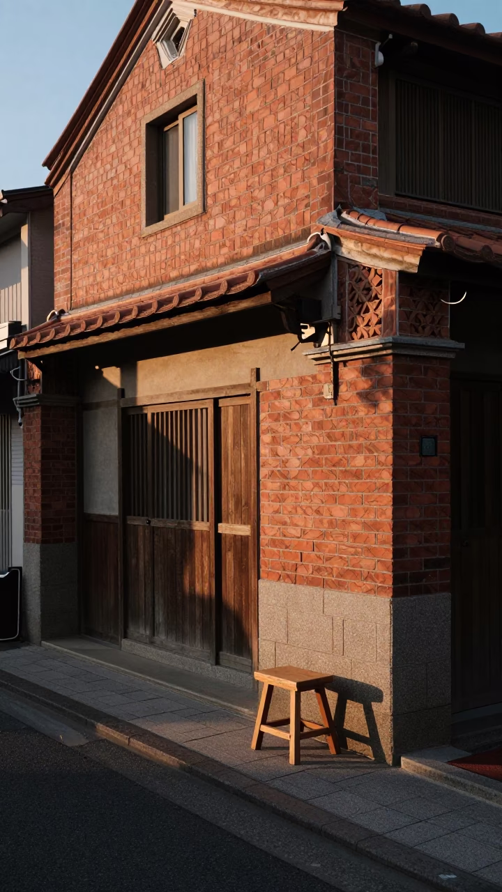 Tainan Taiwan Dawn Street Scene with Wooden Stool and Morning Light in in Tainan, Taiwan
