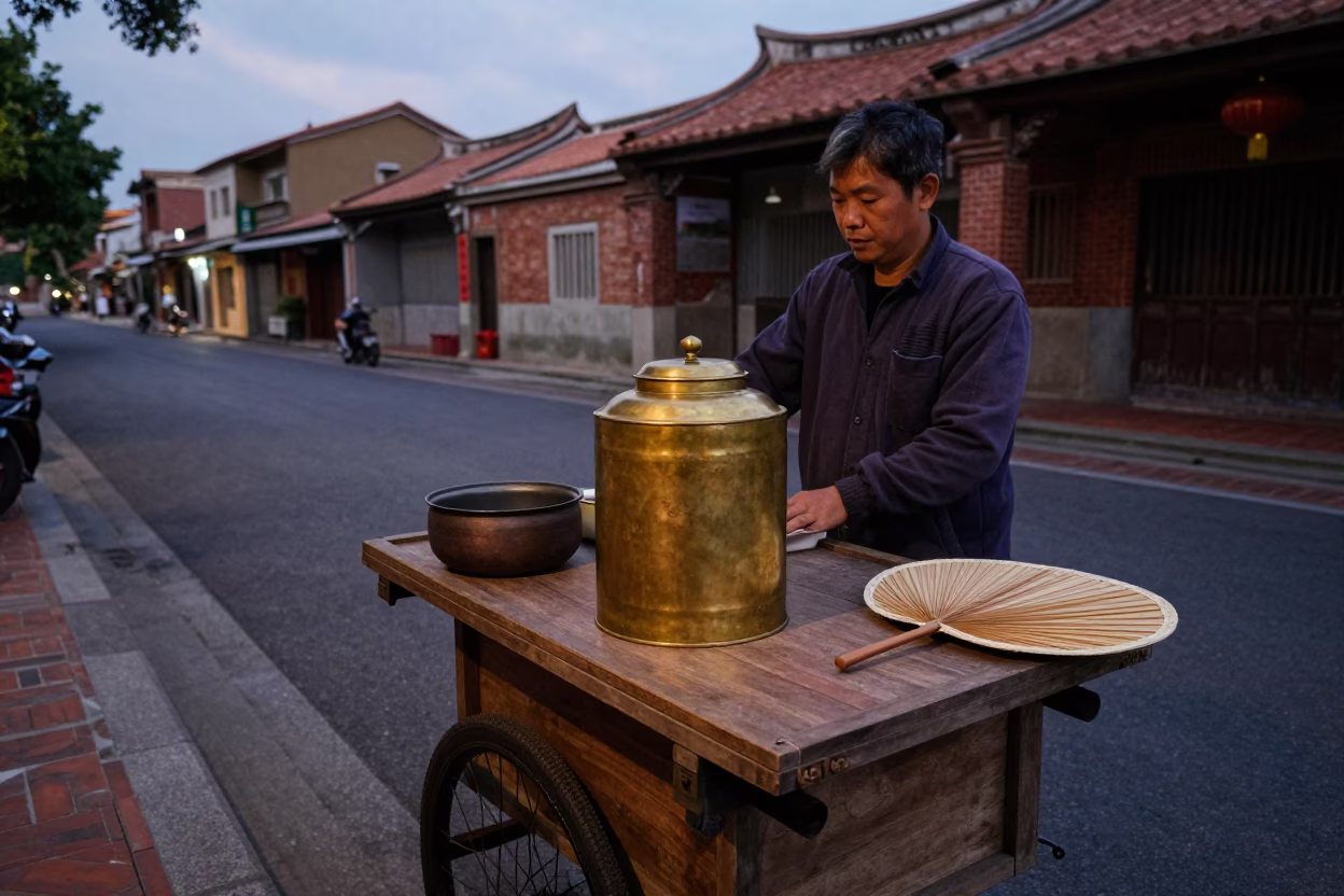 Tainan Taiwan dusk street scene with tea canister and folding fan in in Tainan, Taiwan
