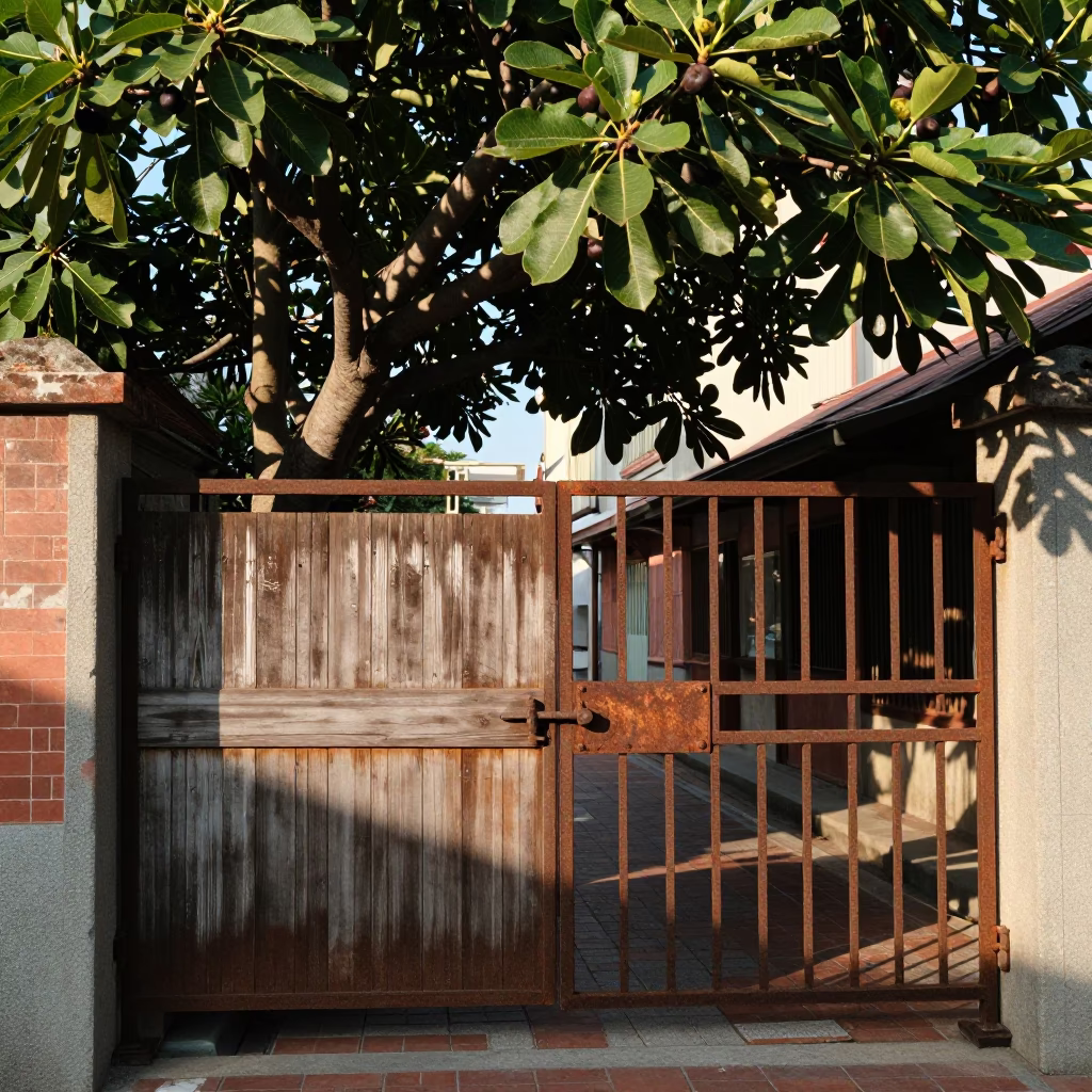 Tainan Taiwan Early Afternoon Street Scene with Fig Tree and Local Vendor in in Tainan, Taiwan
