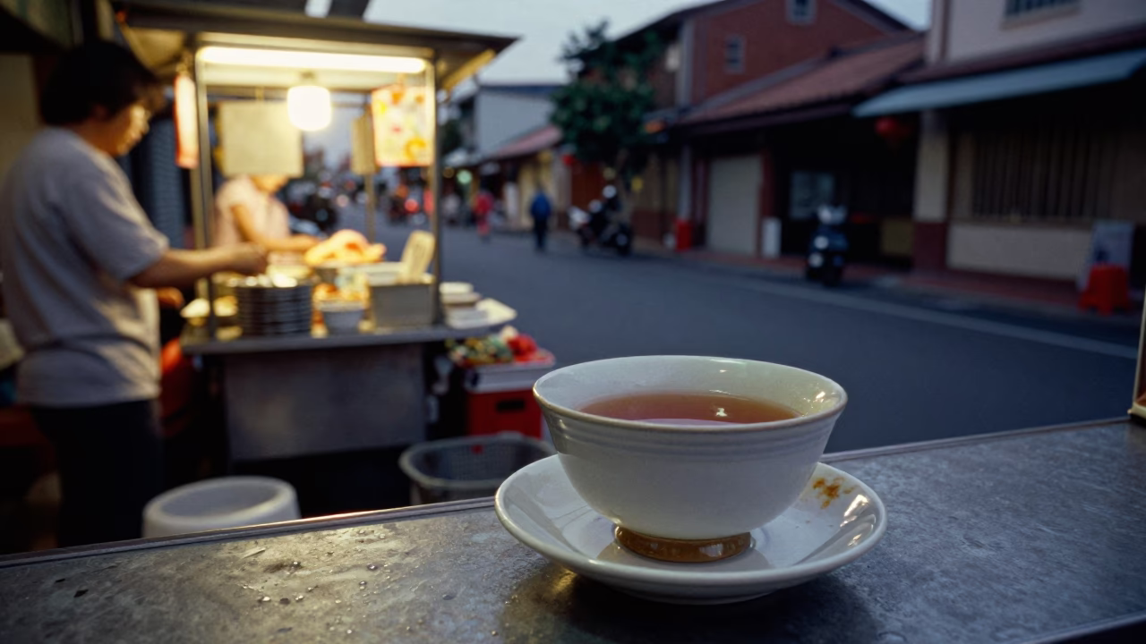 Tainan Taiwan Early Evening Street Scene with Ceramic Bowl and Paper Lanterns in in Tainan, Taiwan
