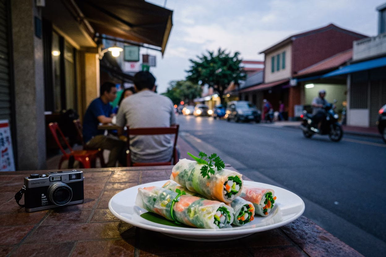 Tainan Taiwan Early Evening Street Scene with Local Dining and Vintage Elements in in Tainan, Taiwan