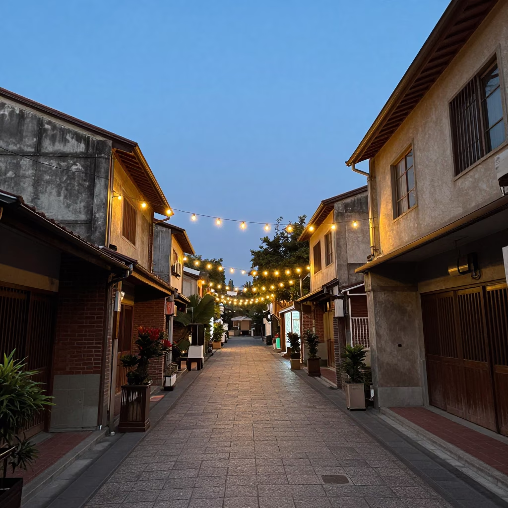 Tainan Taiwan Early Evening Street Scene with String Lights and Traditional Architecture in in Tainan, Taiwan