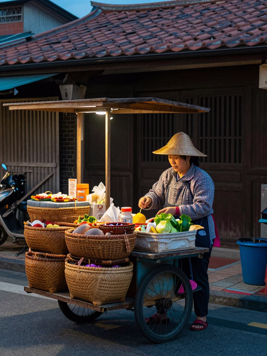 Tainan Taiwan Early Evening Street Scene with Woven Baskets and Terracotta Bowl in in Tainan, Taiwan