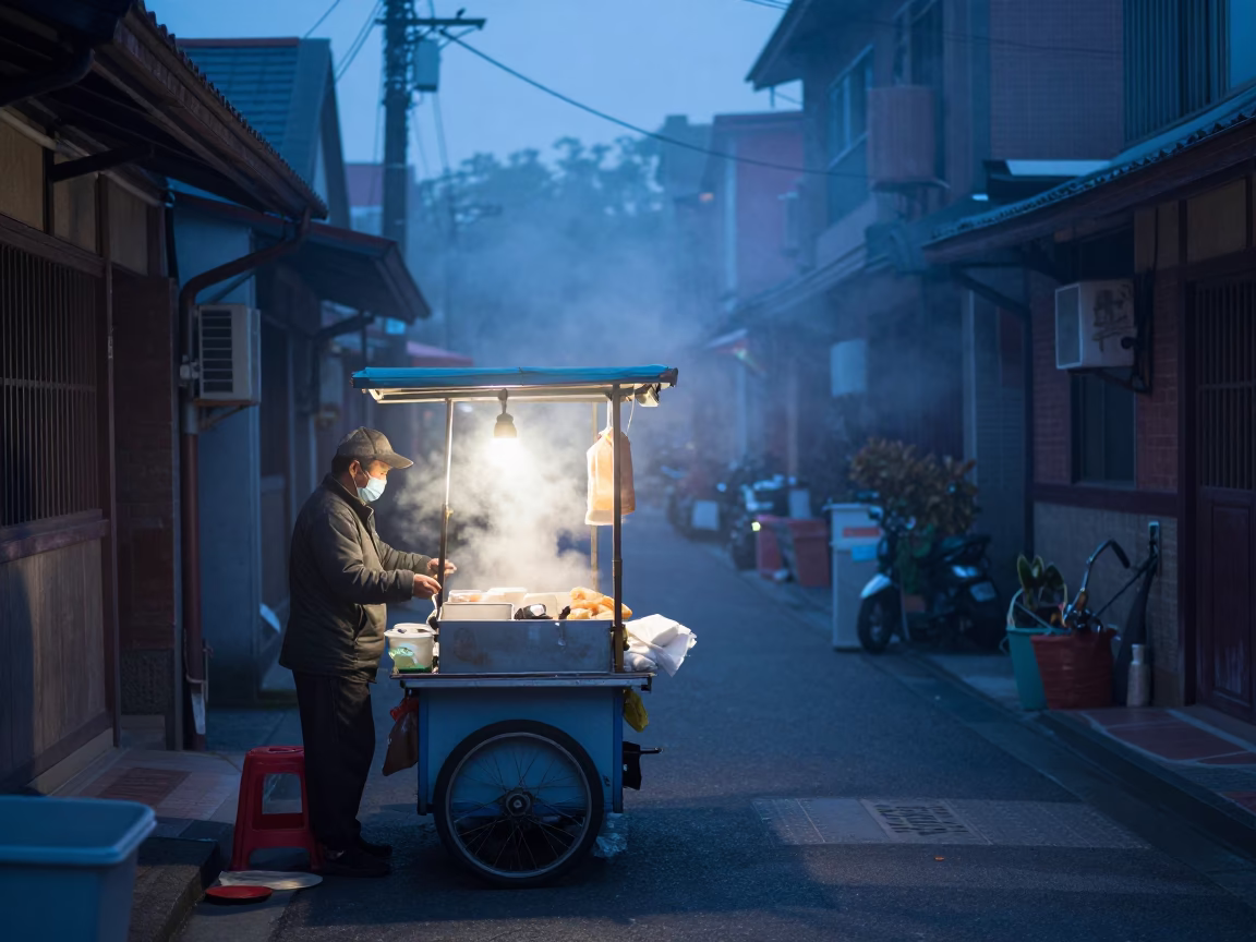 Tainan Taiwan Early Morning Street Scene with Local Food Vendor and Morning Mist in in Tainan, Taiwan