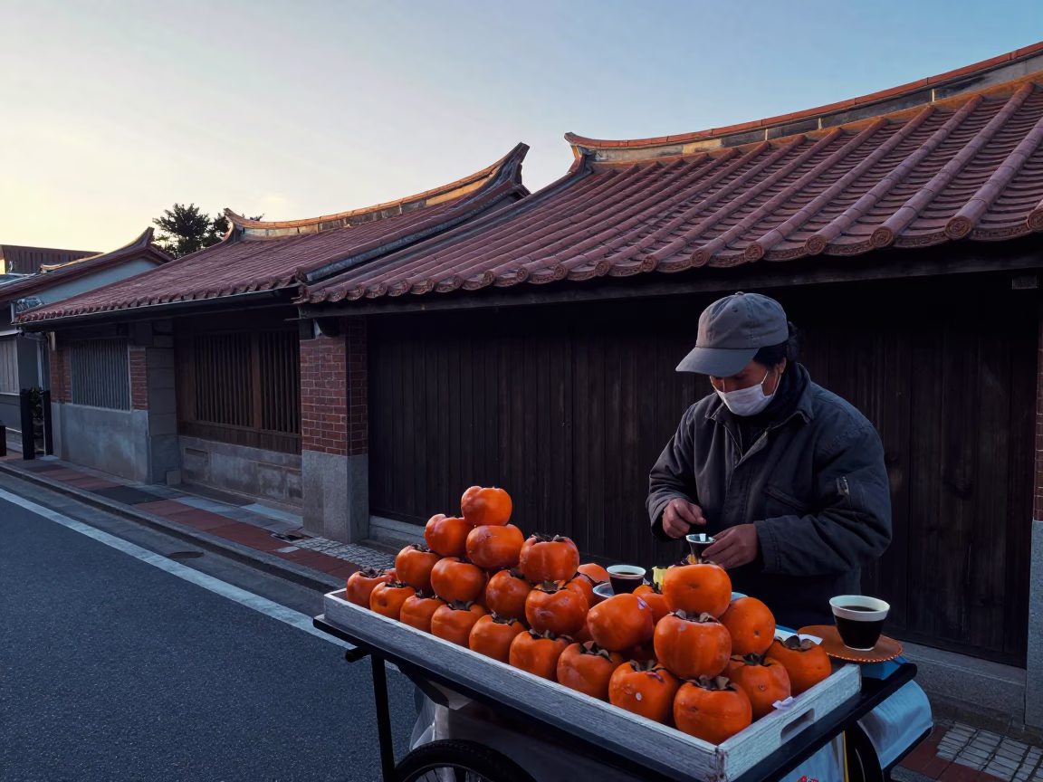 Tainan Taiwan Early Morning Street Scene with Persimmons and Espresso in in Tainan, Taiwan
